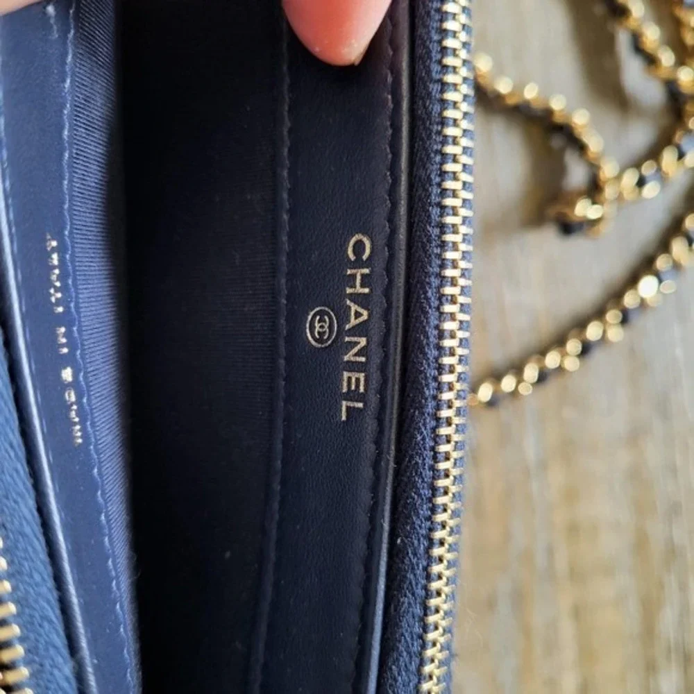 Chanel Deauville Navy Blue Denim Gold Chain Crossbody Pouch Bag Box Dust Bag